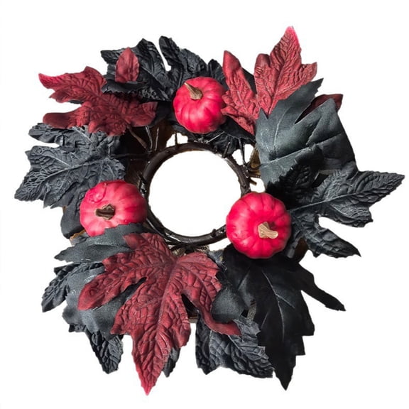 Fall Candle Rings Wreaths with Red Pumpkin and Maple Leaves | 10 Inch Autumn Harvest Front Door Wreath, Thanksgiving Wall Hanging Decor, 1-Pack