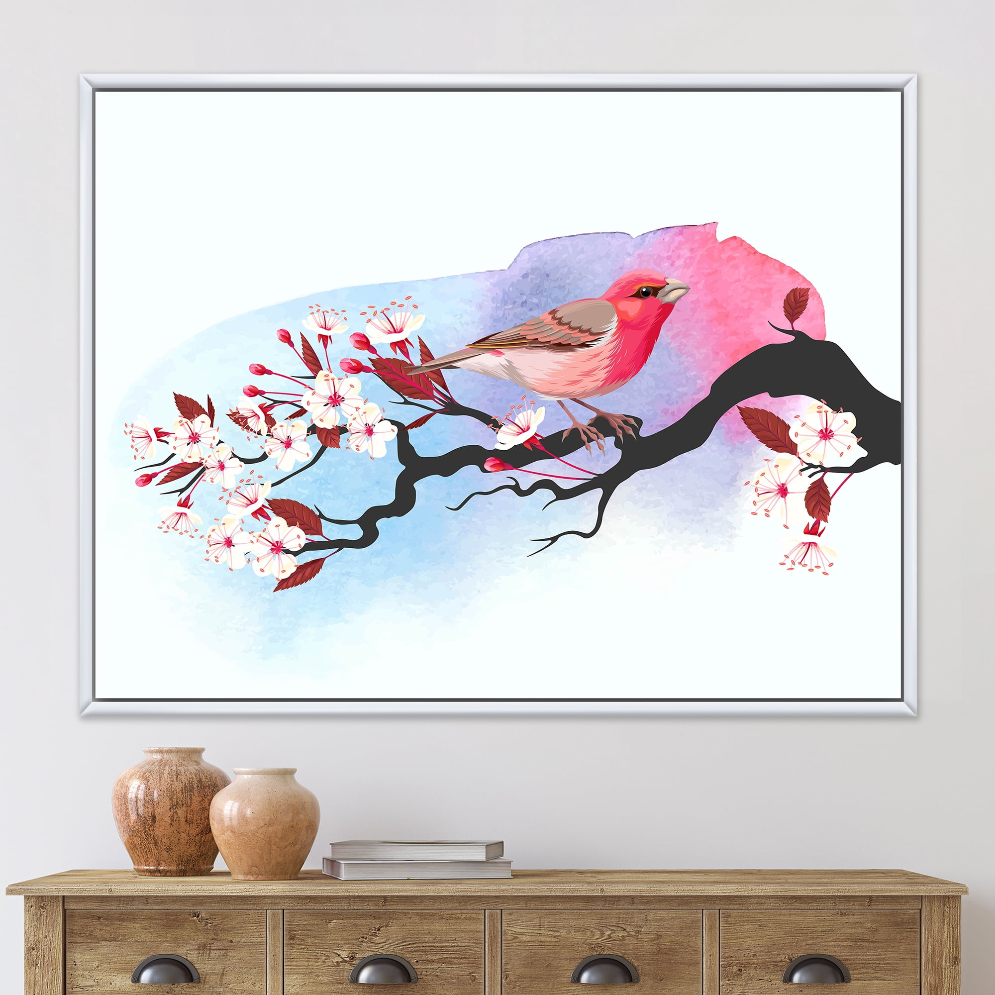Designart 'Pink Bird Sitting On Cherry Branch' Traditional Framed Canvas Wall Art Print