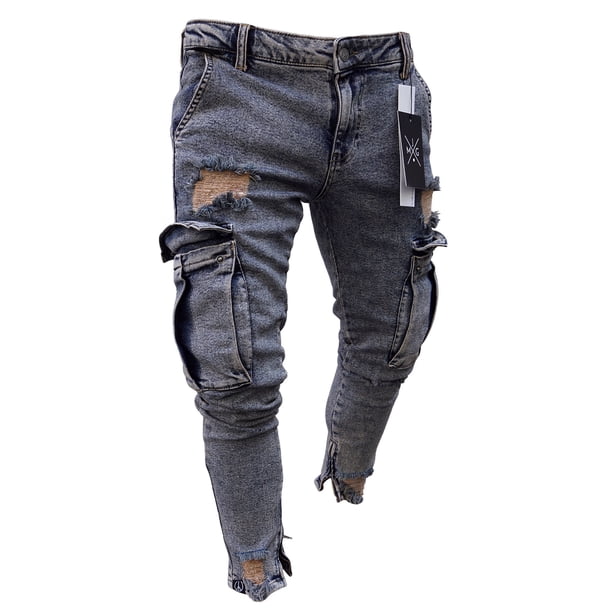 Jeans rasgados para hombres Primavera verano europea y americana Casual Slim Fit Peniques para hombres con cremallera, azul nostálgico, L