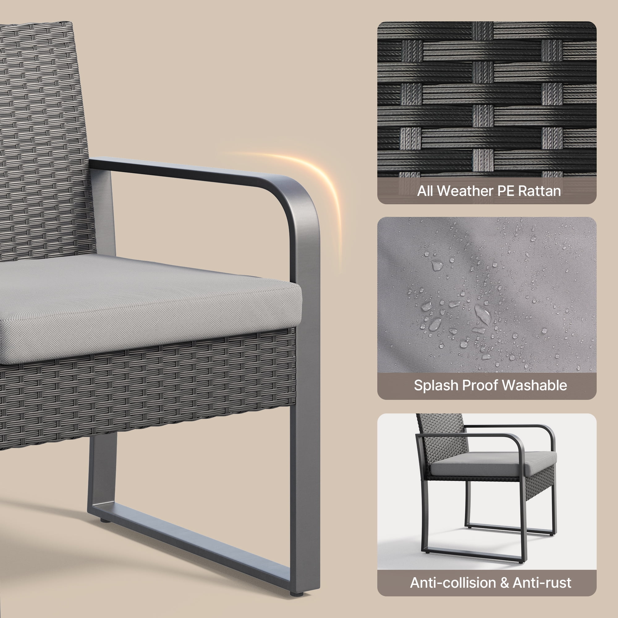Small Patio Furniture Set, Lofka 3 Pieces Patio Set, All-weather Wicker Chairs and Glass Coffee Table with Grey Cushions, Gray