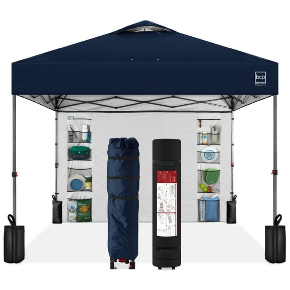 Best Choice Products 10x10ft Easy Setup Pop Up Canopy, Portable Tent w/ Side Wall, 1-Button Push, Case - Navy Blue