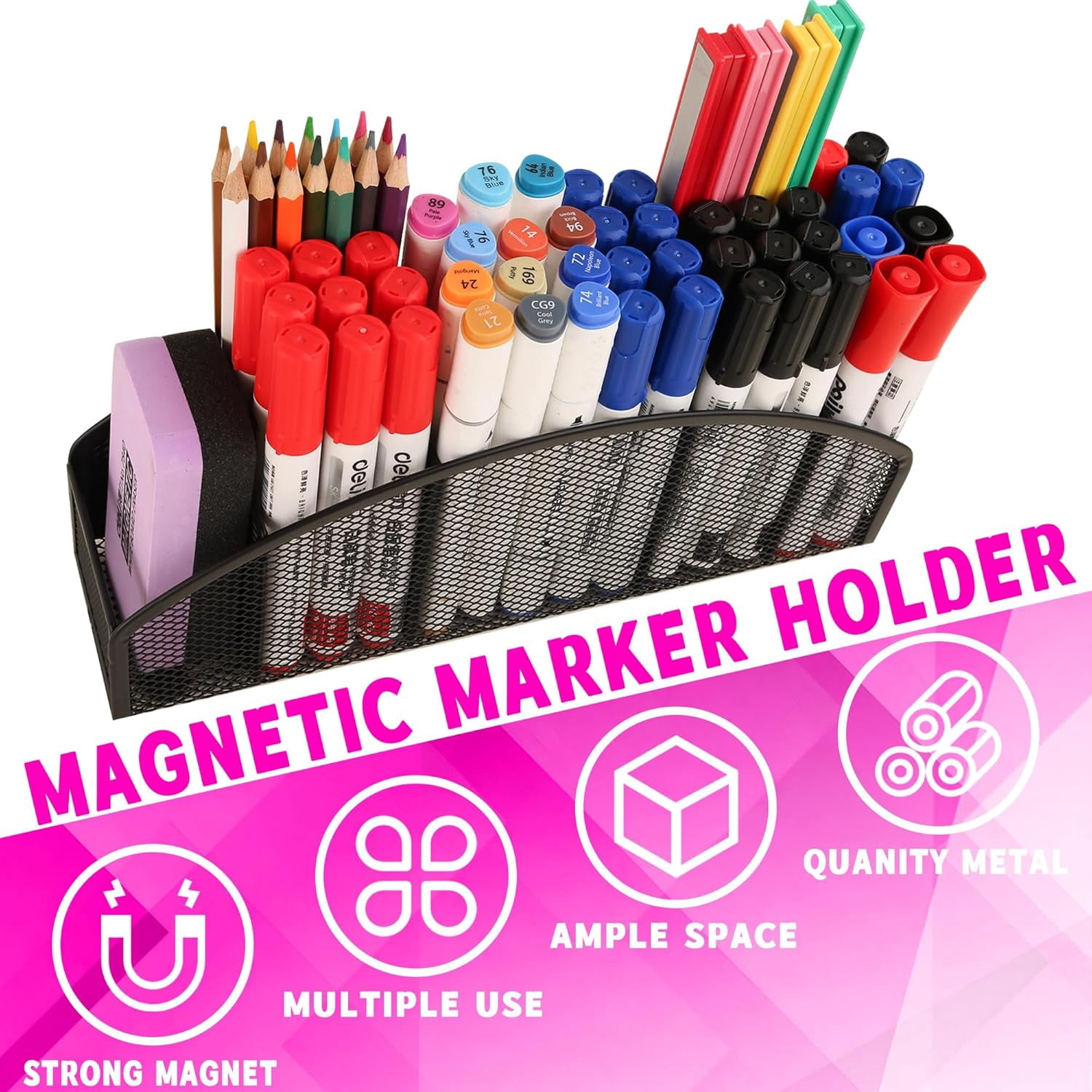Large Magnetic Whiteboard Organizer 5-Slot Metal Mesh Dry Erase Marker Holder Heavy Duty Pencil Cup Caddy for Fridge Office Black