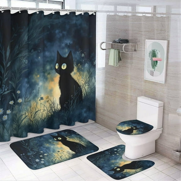 Cute Cat Shower Curtain 4-Piece Bathroom Set, Includes 72" x 72" Shower Curtain, Toilet Cover Mat, U-Shaped Mat, and Non-Slip Floor Mat with Hooks