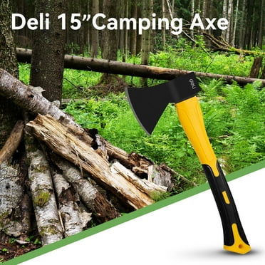 Deli 15" Small Camping Axe , Outdoor Chopping Hatchet for Wood Splitting and Kindling,with Shock Absorbing and Anti Slip Fiberglass Handle