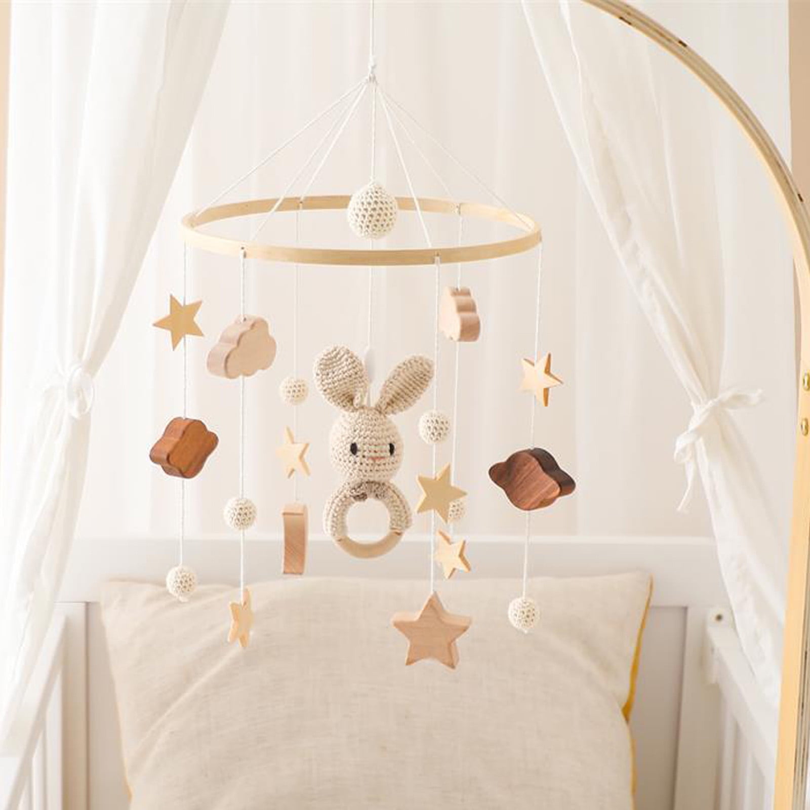 Baby Crib Mobile Wooden Hanging Baby Bed Cute Rabbit Animals Wood Crocheted Mobile Toys for Bedroom Nursery