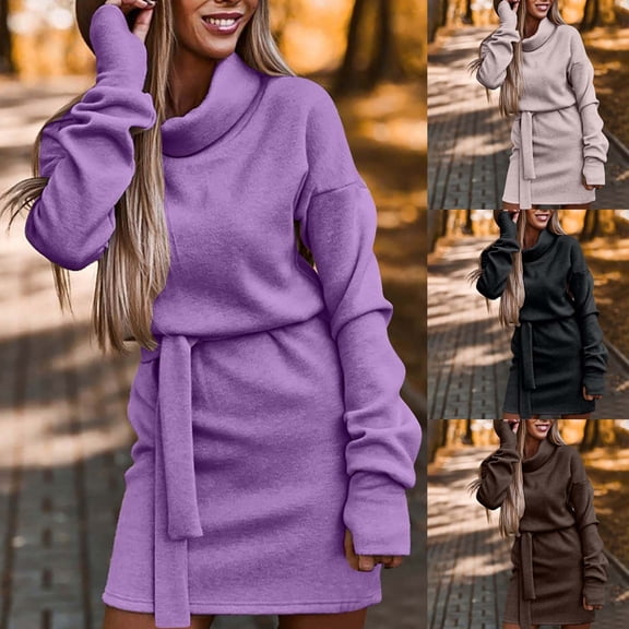 Umfun Women's Cozy Turtleneck Knit Sweater Dress with Adjustable Waist Tie - Warm Fall Winter Pullover for Casual Weekend Outings and Vacation Travel