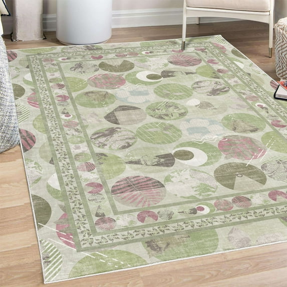 Floral Decorative Rug, Colorful Pastel Rounds with Exotic Tropical Leaves Summer Vibes Modern Look, Quality Carpet for Bedroom Dorm and Living Room, 6 Sizes, Pink Pastel Green, by Ambesonne