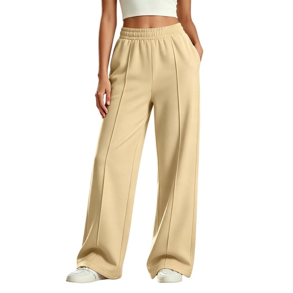 Girls Elastic Waist Wide Leg Sweat Pants, Solid Vertical Seam Baggy Loose Kids Casual Jogger Trousers for Back to School Autumn Winter Daily Campus Wear(Khaki,5-6 Years)