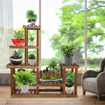 Multi Tiers Wood Plant Stand Indoor Outdoor, Plant Display Tall Plant