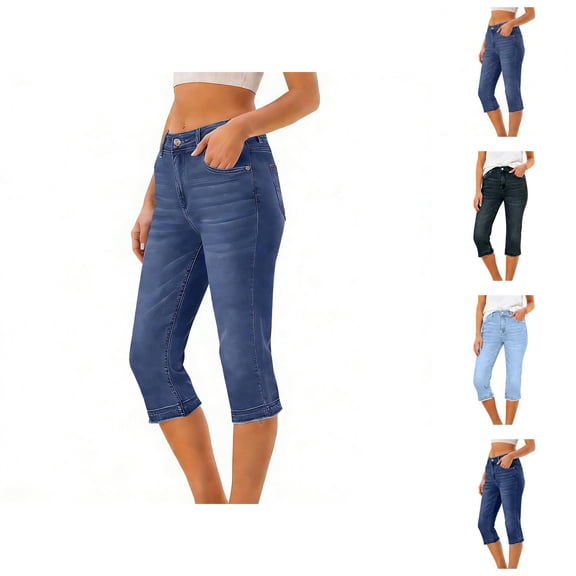 Capri Jeggings for Women Elastic High Waist Slim Fit Stretch Cropped Jeans with Pockets Denim Capris