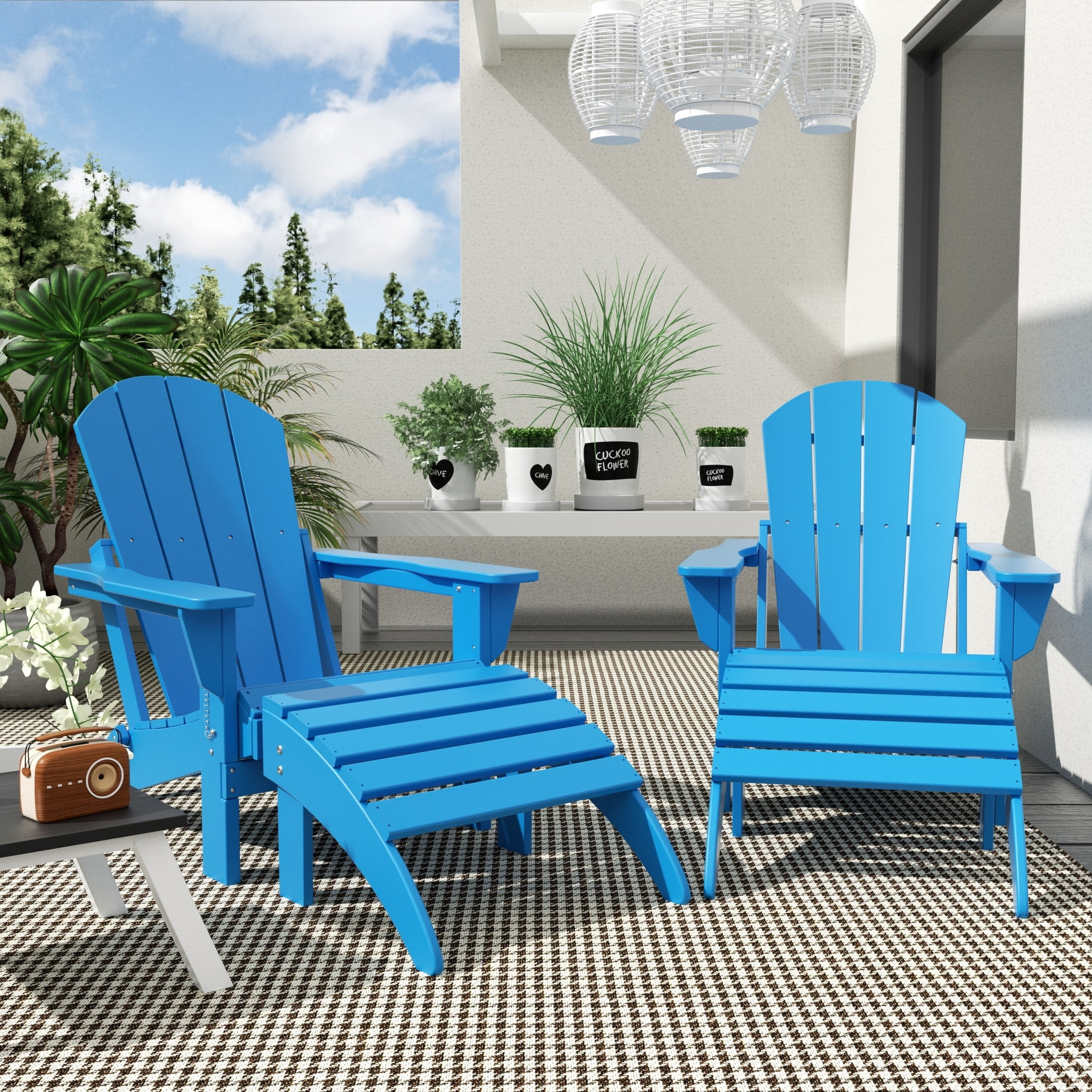 Polytrends  Laguna Hdpe All Weather Outdoor Patio Foldable Adirondack Chairs With Ottomans (5-Piece Set) Pacific Blue
