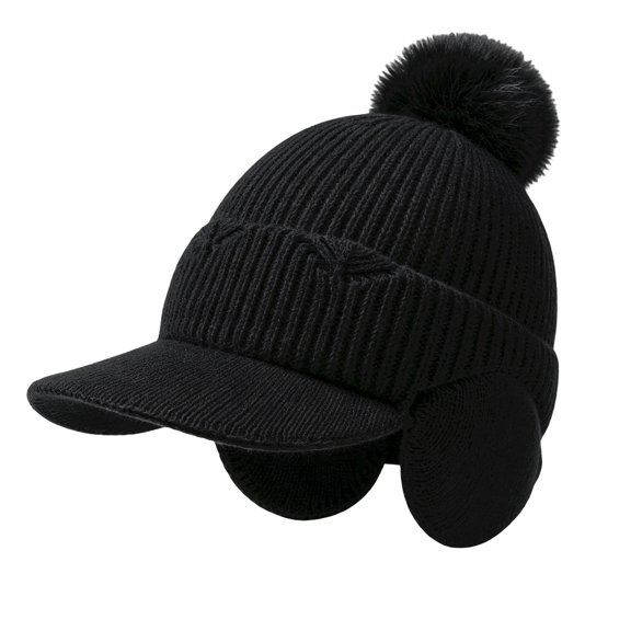 Fleece Beanie Hats with Earflaps Visor Brim Winter Knit Ski Cap Winter Hats for Women Pom Pom Ball Black One Size