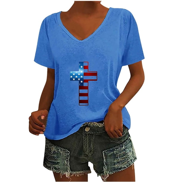 Camisetas Casuales de las Mujeres Gradiente Día de la Independencia Impreso Cuello Redondo, Blusa de Manga Corta para Diario, Fiesta Y Primavera Verano
