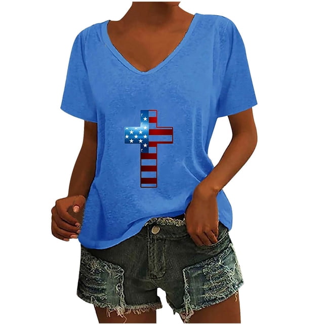 Fiudx Ofertas Del Día Camiseta de Cuello Redondo con Estampado Del Día de La Independencia Degradado de Manga Corta para Mujer