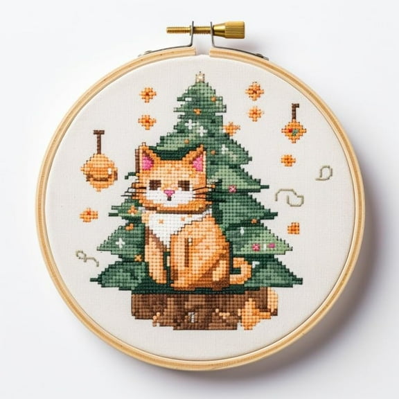 Christmas Cat Starter Easy Cross Stitch Kits Color Stamped Embroidery Kits DIY 11CT Stamped Patterns Embroidery Needlework Kit Supplies 12 Inch Hoop Included(et-73)