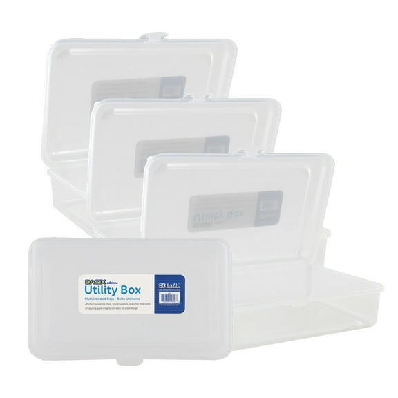 BAZIC Plastic Pencil Case Utility Storage Box, Clear Color, 4-Pack