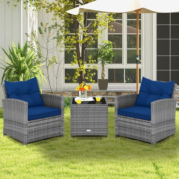 3-Piece Cushion Patio Furniture Set PE Rattan Wicker Outdoor Conversation