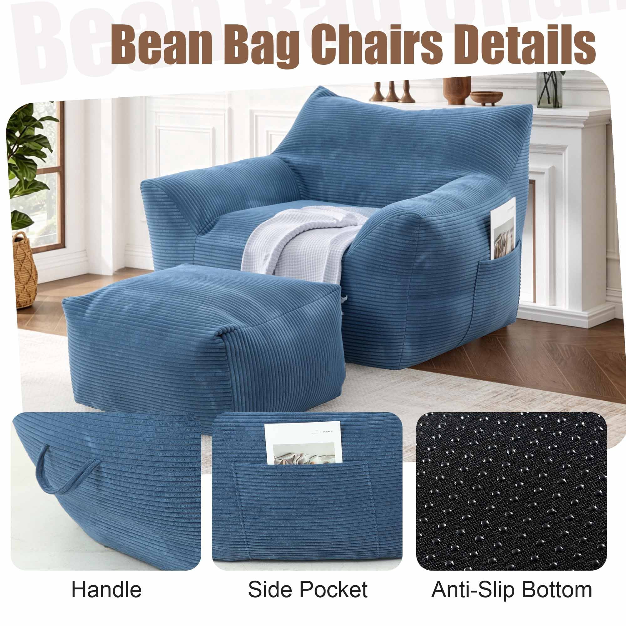 Lunale Oversized Bean Bag Chair with Ottoman, Boneless Lazy Sofa Chair for Bedroom, Living Room, Blue Corduroy