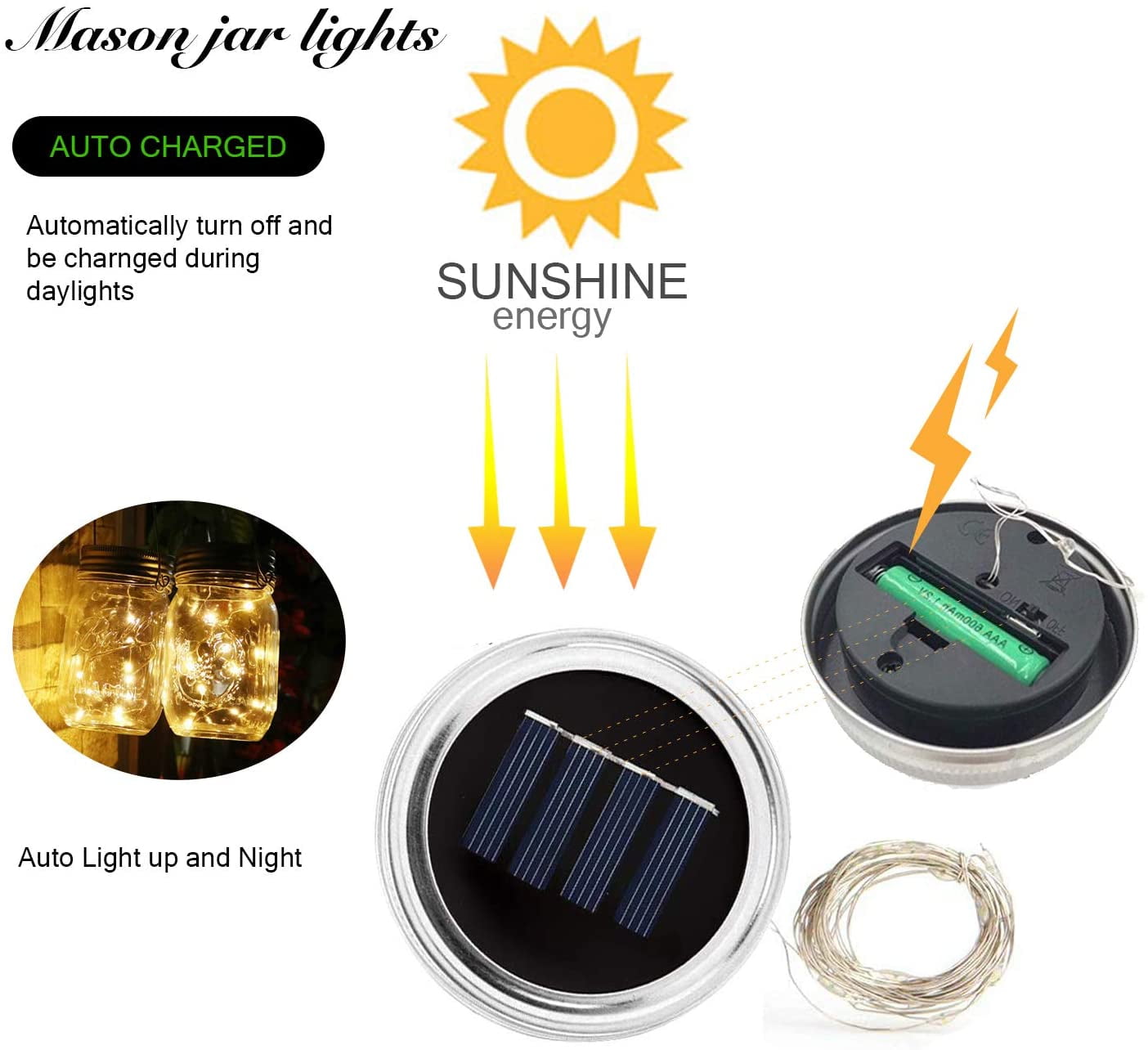 6 Pack Solar Mason Jar Lids String Lights With 6 Hangers, 20 LED Fairy Lights Outdoor For Xmas Party Patio Garden Yard Lawn Wedding Decor Solar Fairy Lanterns Table Lamps, Warm White (No Jars)