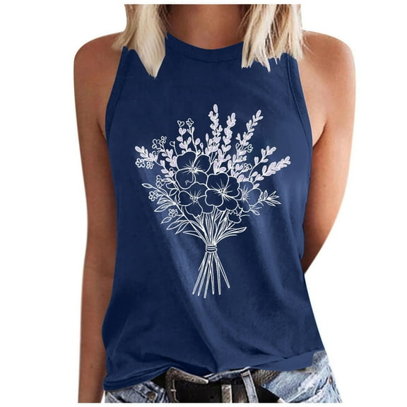 ZQUUVOU Tank Top For Women Summer Printed Floral Round Neck Tops (Navy,S)