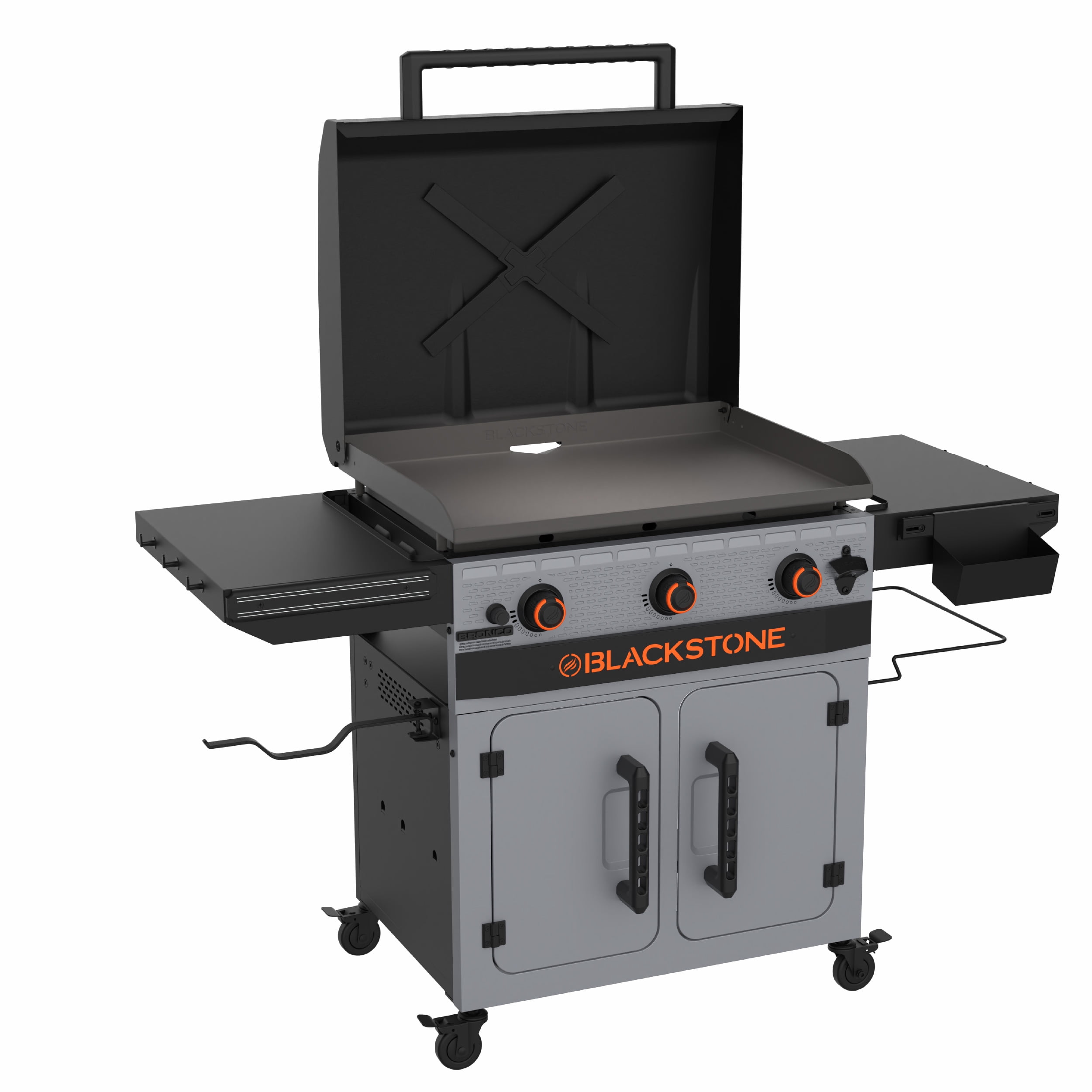 Blackstone Bronco 28" XL Outdoor Griddle, 3-Burner Flat Top Grill with Cabinet and Hood