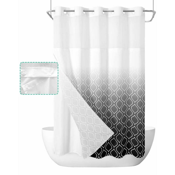 No Hook Shower Curtain with Snap in Liner, Black White Ombre Geometric Trellis Morrocan Hotel Shower Curtains for Bathroom, Washable Shower Curtain Liner Set with Mesh Top Window, 36"x78"