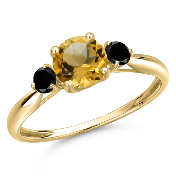 Gem Stone King 10K Yellow Gold Yellow Citrine and Black Diamond 3-Stone Ring for Women | 1.00 Cttw | Round 6MM | Gemstone November Birthstone | Size 8