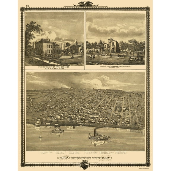 Historic Panoramic View - Muscatine Iowa - Andreas 1875 - Vintage Wall Art