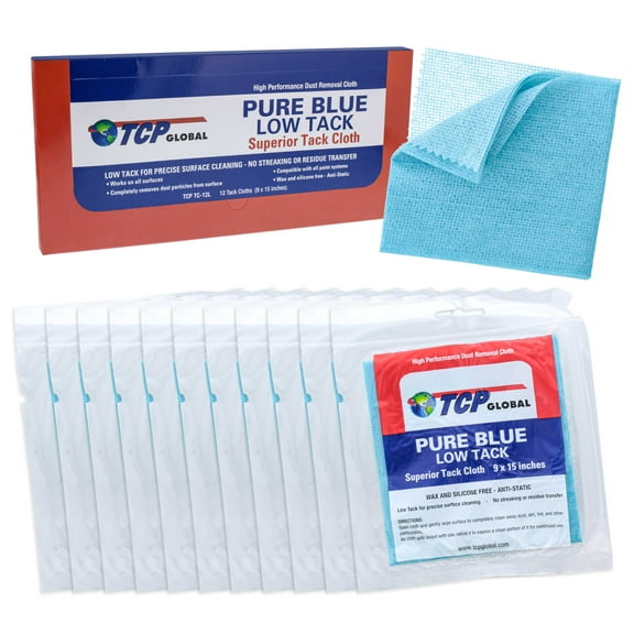 TCP Global - Pure Blue Low Tack Superior Tack Cloths - Tack Rags (Box of 12) - Automotive Car Painters Professional Grade - Removes Dust, Sanding Particles, Cleans Surfaces - Wax and Silicone Free