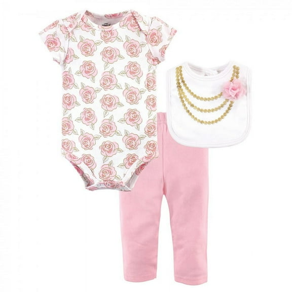 Little Treasure Baby Girl Bodysuit, Pant and Bib, Gold Roses, 0-3 Months