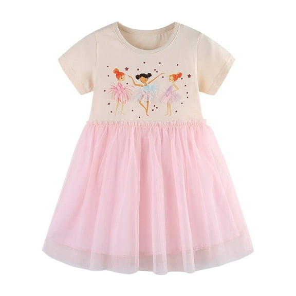 Gbsyewxs Dress For Girls Short Sleeve Crew Neck Printed Casual Tutu Tulle Summer Kids Dresses Pink Size 18-24 Months