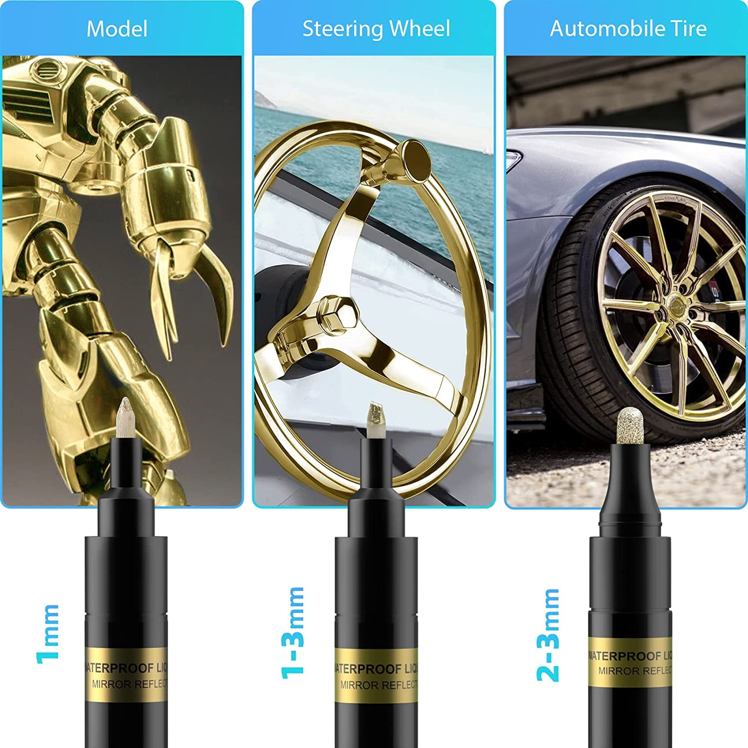 Copper Liquid Chrome Marker Set: 5pcs Oil- based Liquid Chrome Paint Pen, Permanent Reflective Chrome Touch Up Markers for Model Metal Plastic Glass Ceramic Cars Repair Tire DIY Art Craft(1-3mm)