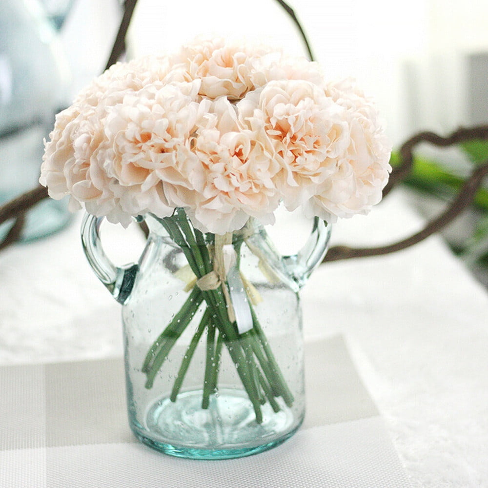 Artificial Silk Flower Cream Pink Peony Hydrangea/Magenta Rose Wedding Bouquet 