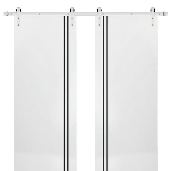 Sturdy Double Barn Door 36 x 80 inches with | Planum 0016 White Silk with Frosted Glass | Stainless Steel 13FT Rail Hangers Heavy Set | Solid Panel Interior Doors