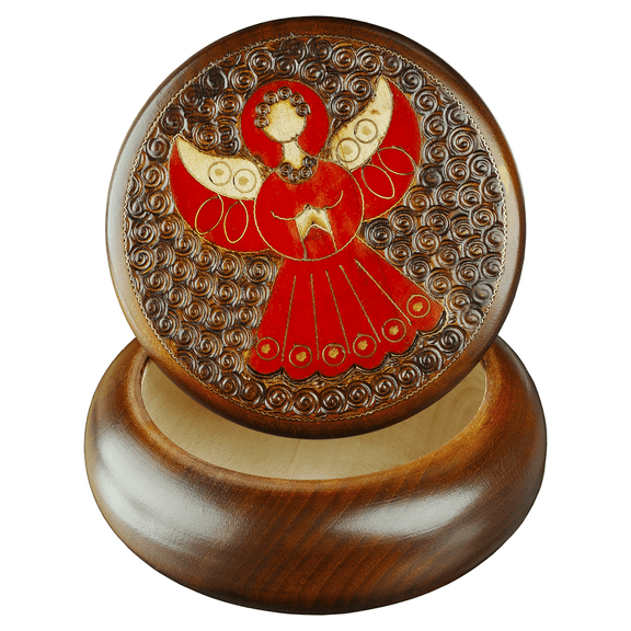 Angel Round Box Handmade Wooden Box Angel in Red Dress Polish Wood Keepsake Round Jewelry Box