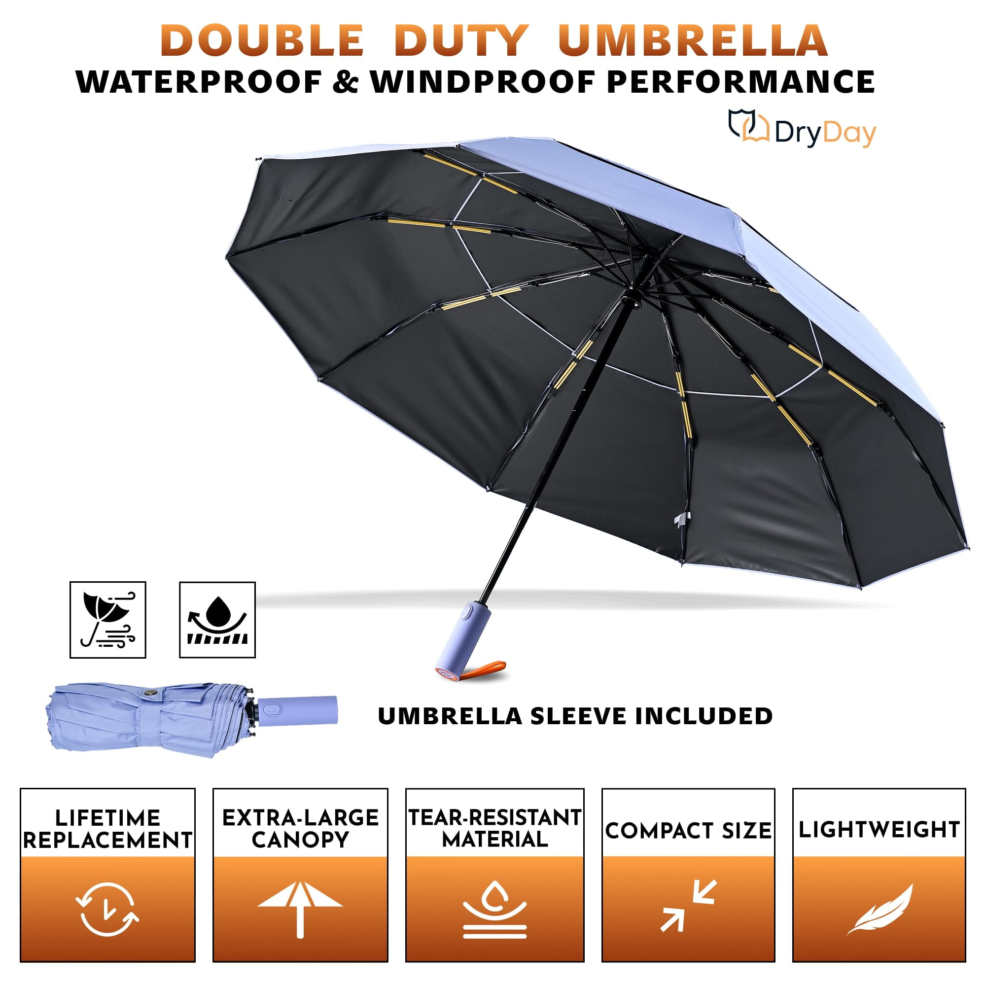 DryDay 46" Travel Umbrellas for Rain - Large Windproof Double Canopy Umbrella, 10 Durable Ribs, Strong Frame, Auto Open Close Ergonomic Handle, Compact Waterproof Umbrella for Women & Men, PalePurple