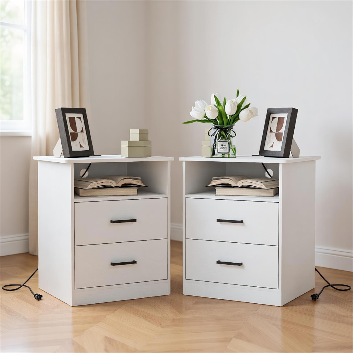 Spaco End Table Set of 2 with Charging Station, Nightstand with USB Ports & Outlets, Modern Bedside Table with 2 Storage Drawer and Top Shelf for Bedroom, White