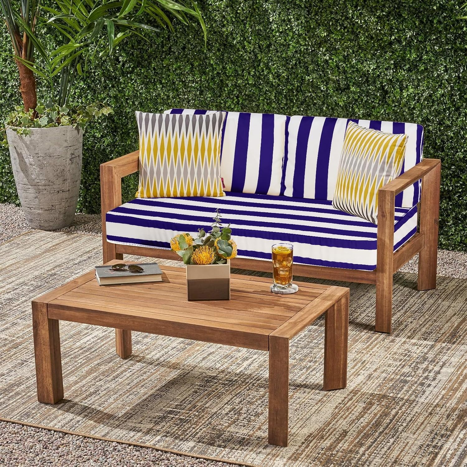 Outdoor Loveseat Cushion Set, 48 x 24 inch, Water Repellent Patio Furniture Cushions Replacement with Removable Cover(Blue White Stripe)