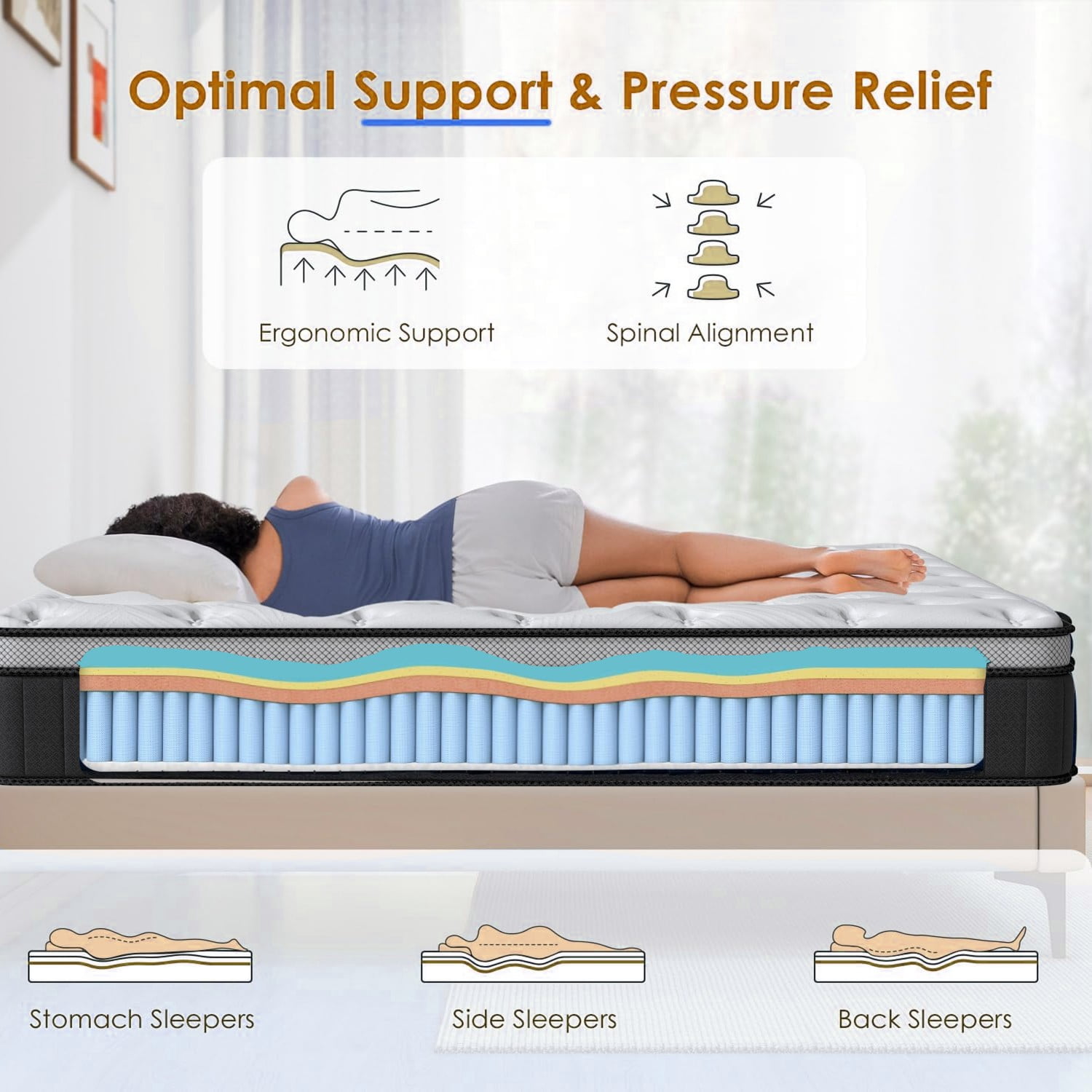 Feymoka 14 Inch Cooling Gel Hybrid Mattress King, Bamboo Charcoal Cover, Breathable Memory Foam with Pocket Springs, Medium Plush Feel