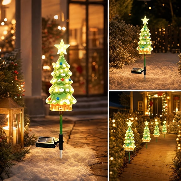 Solar Christmas Tree Stake Light, Outdoor Garden Decor, Patio Holiday Ornament, Auto Dusk Lighting and Waterproof Durable Build for Garden Walkways, Patio Areas and Yard Displays.