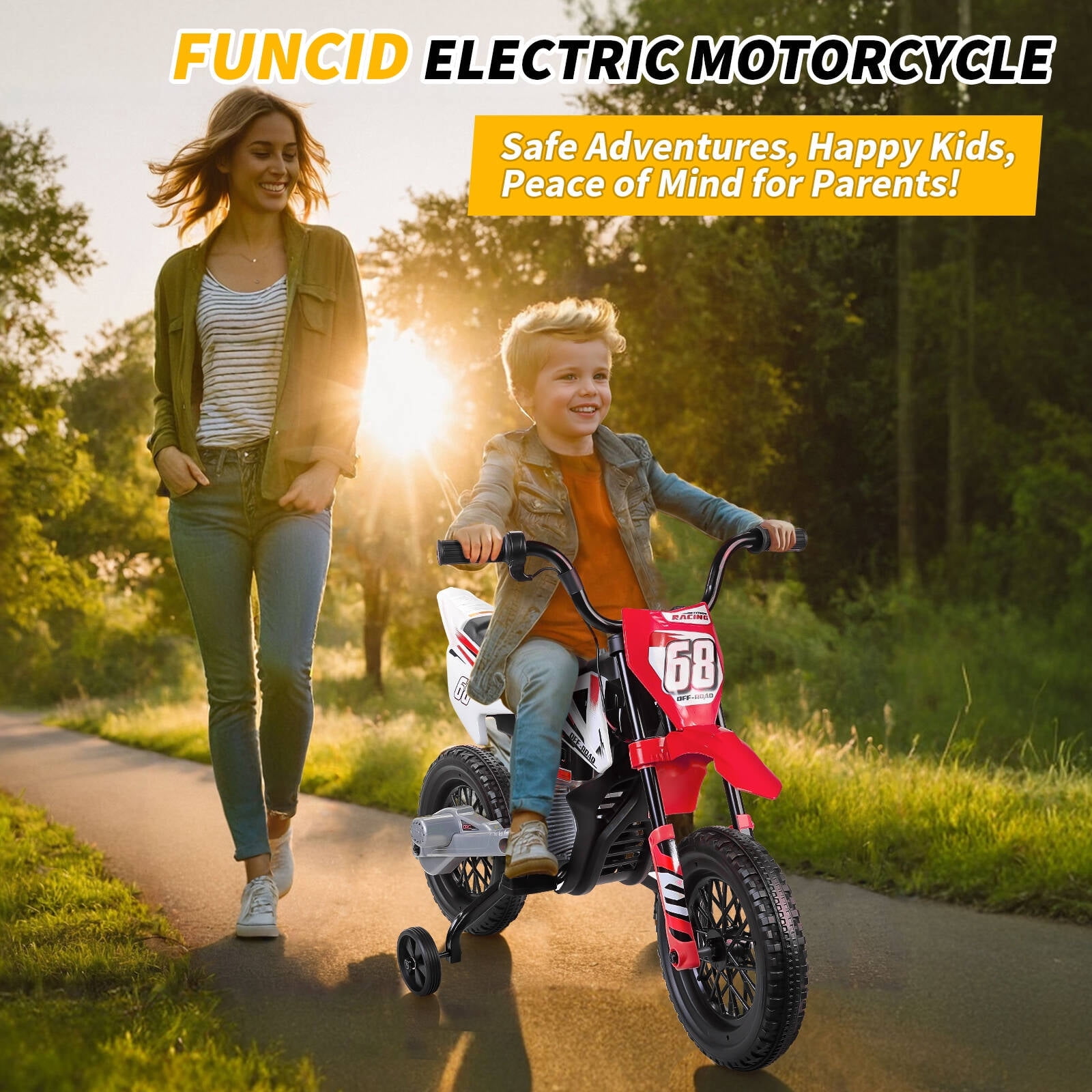 Tapoja 12V Kids Electric Dirt Bike w/ Twist Grip Throttle, Ride on Motorcycle w/ Training Wheels, Powered Ride on Toys for Boys Girls Ages 3-8, Spring Suspension, Dual Motors, Bluetooth, MP3