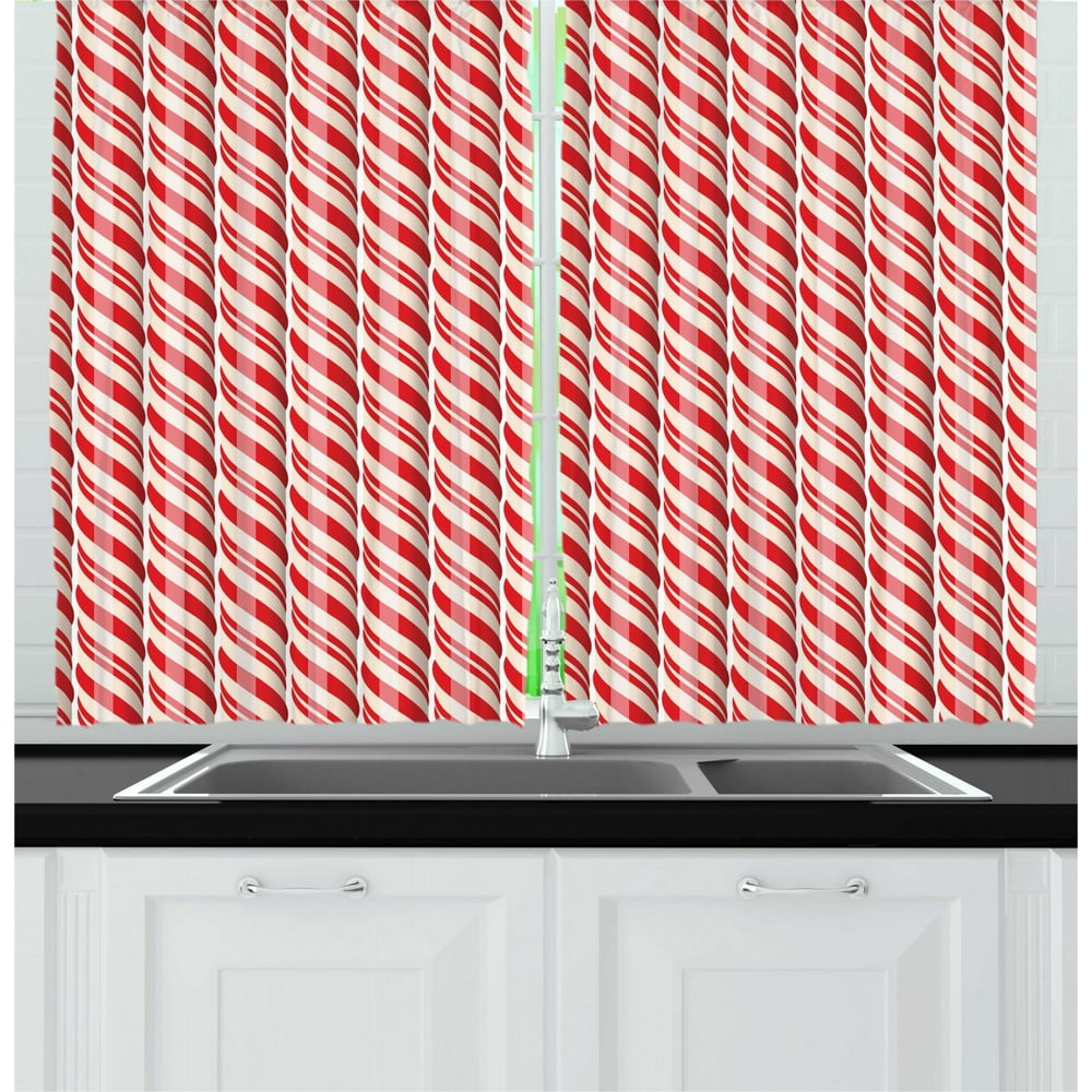 Candy Cane Curtains 2 Panels Set, Red Christmas Candies Pattern with