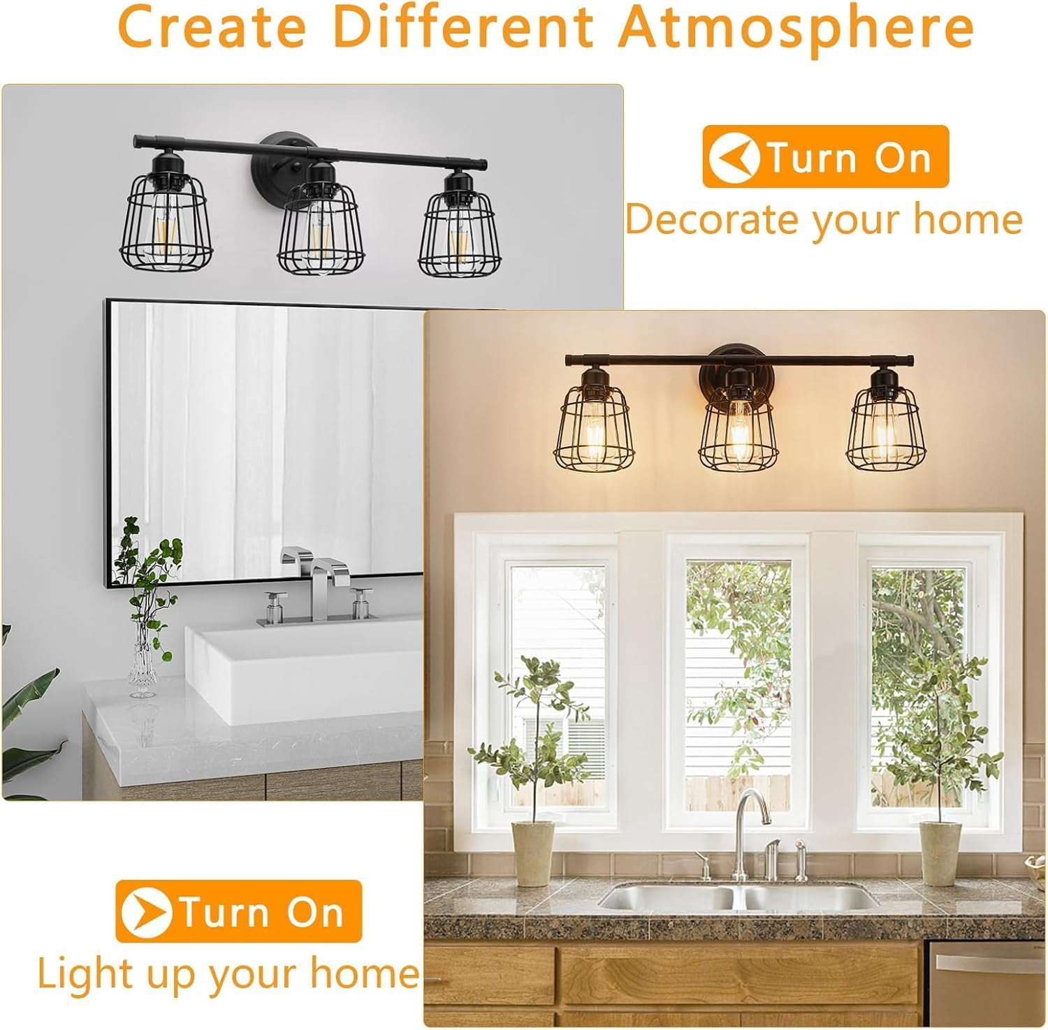 3-Light Bathroom Light Fixtures Over Mirror, Matte Black Bathroom Vanity Light with Cage, E26 Base Farmhouse Wall Sconces for Bedroom Cabinets Living Room, UL Listed
