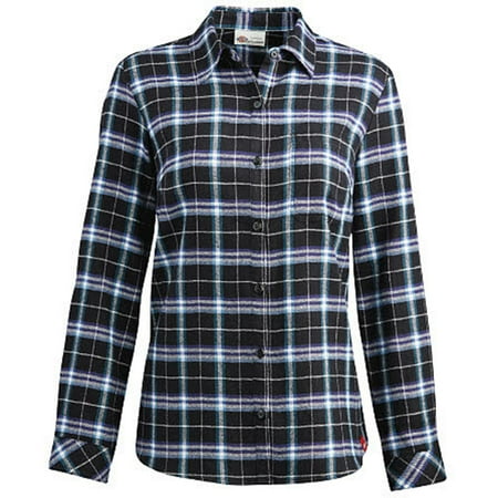 Dickies Women's Long Sleeve Plaid Flannel Shirt Opaque White Blue Flame Plaid S