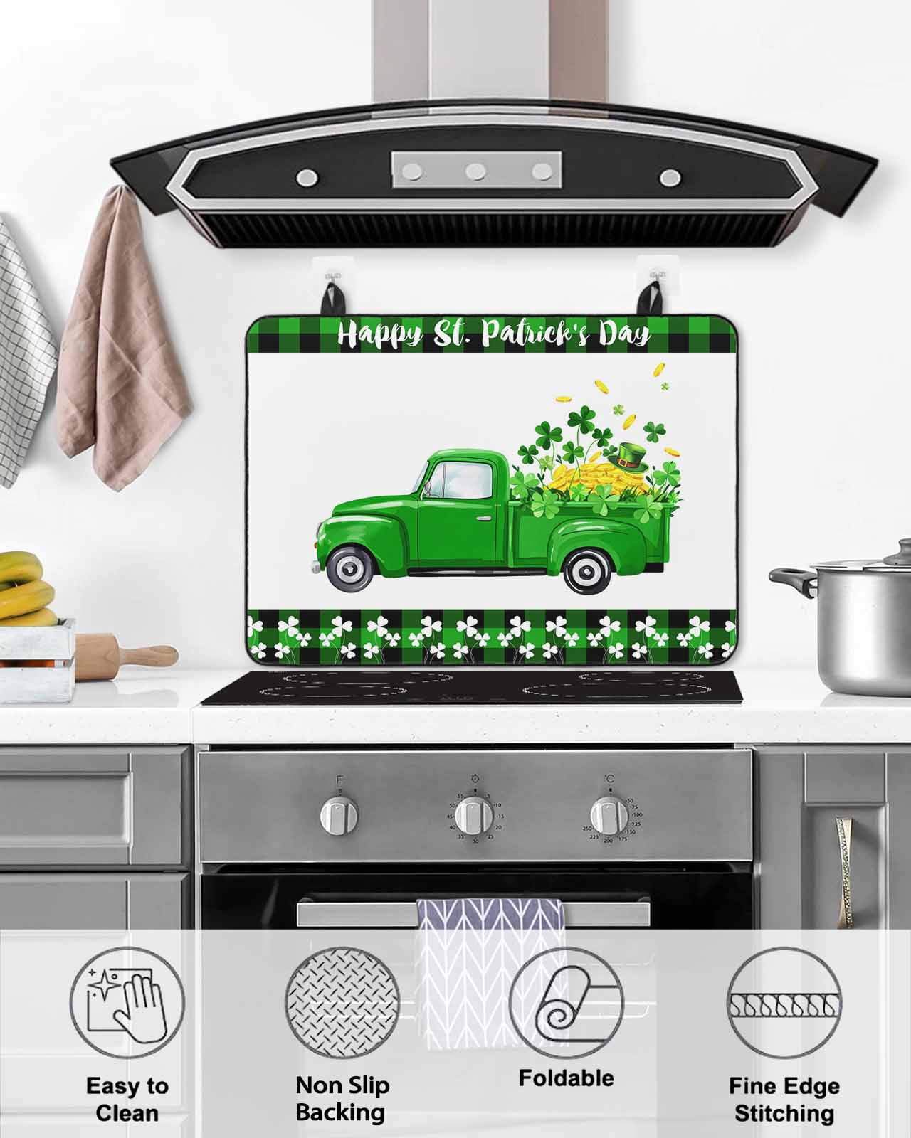 Large Induction Cooktop Protector Mat Saint Patrick's Day Stove Top Covers for Electric Stove, Spring Green Lucky Three Grass Truck Decorative Stove Burner Cover Mats, Glass Top Stove Cover