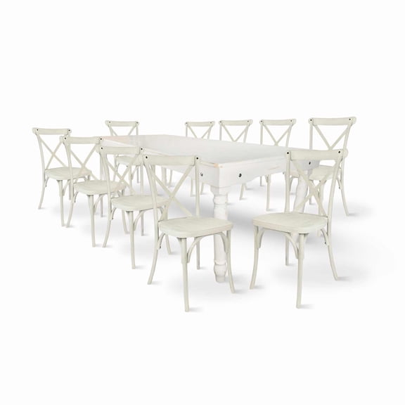 White Distressed Fluted Leg Farm Table Dining Set with 10 Chairs by Chivari