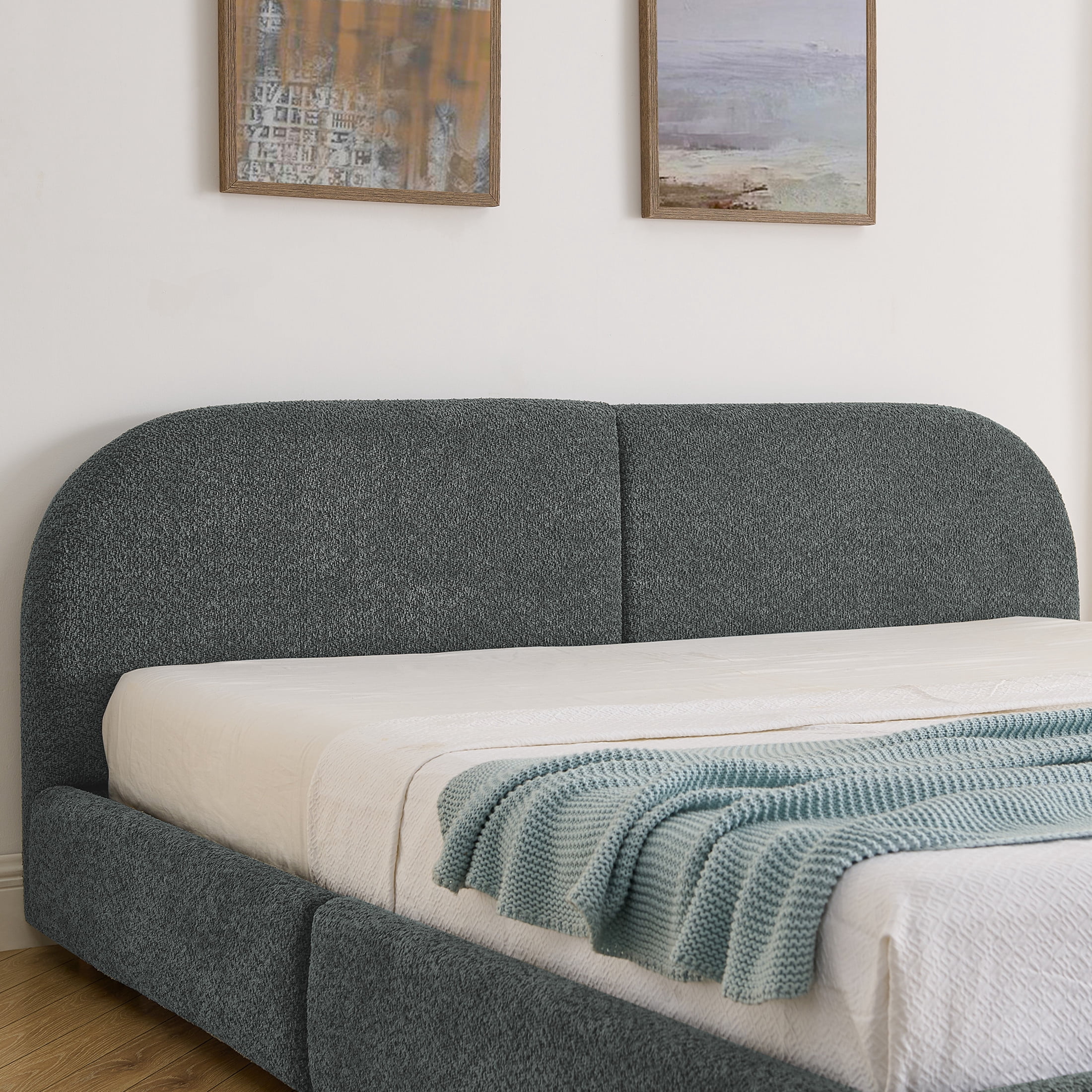 Noble House Elbert King Size Upholstered Bed Frame, Circle Yarn Tall Curved Headboard with Storage Drawers, Dark Gray