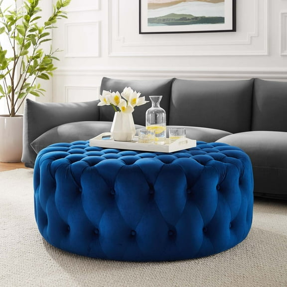 Modway Amour Tufted Button Large Round Performance Velvet Ottoman in Navy