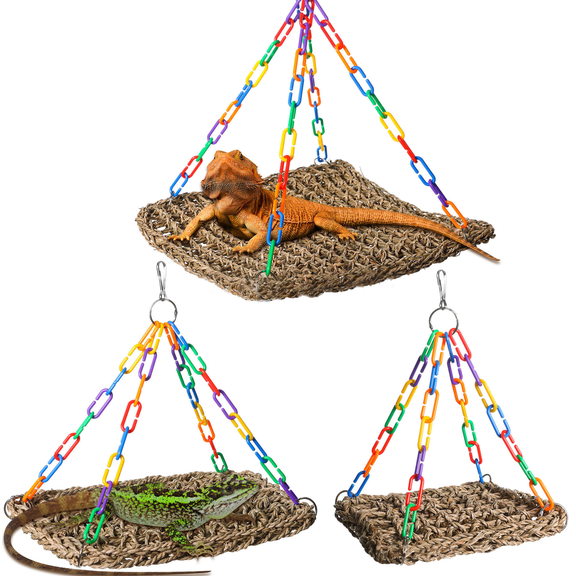 Natural Grass Reptile Hammock with Colorful Chain, Woven Lizard Lounger, Comfortable Size 11 x 7.9 in, Multi-Purpose Cage Decor for Bearded Dragons