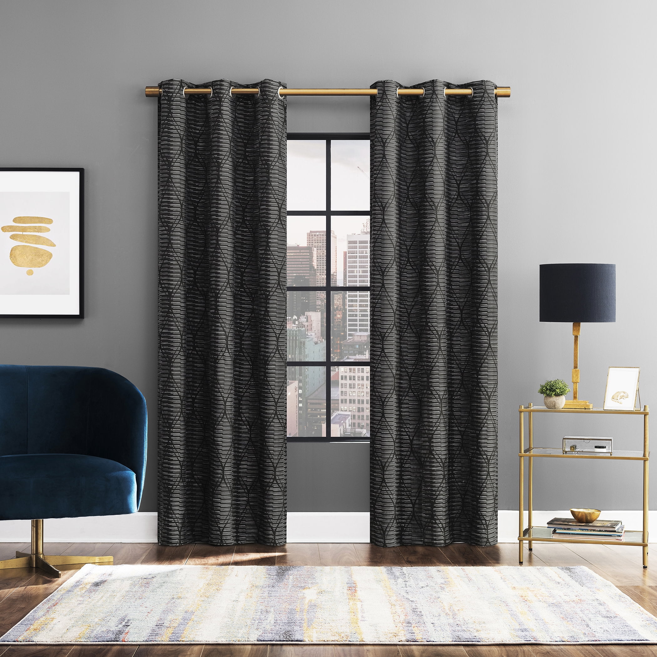 Sun Zero Alaster Geometric Ogee 100% Blackout Grommet Curtain Panel, 40"x84", Black